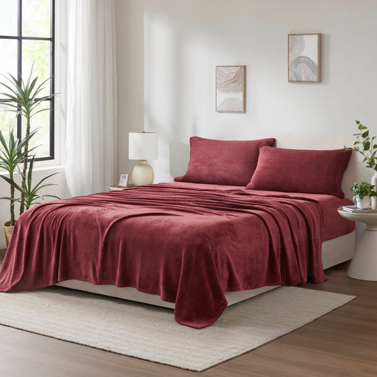 Ultra-Soft 100% Polyester Micro Plush 3-Piece Twin Sheet Set with Fitted and Flat Sheets for Bedroom Mattresses in Burgundy