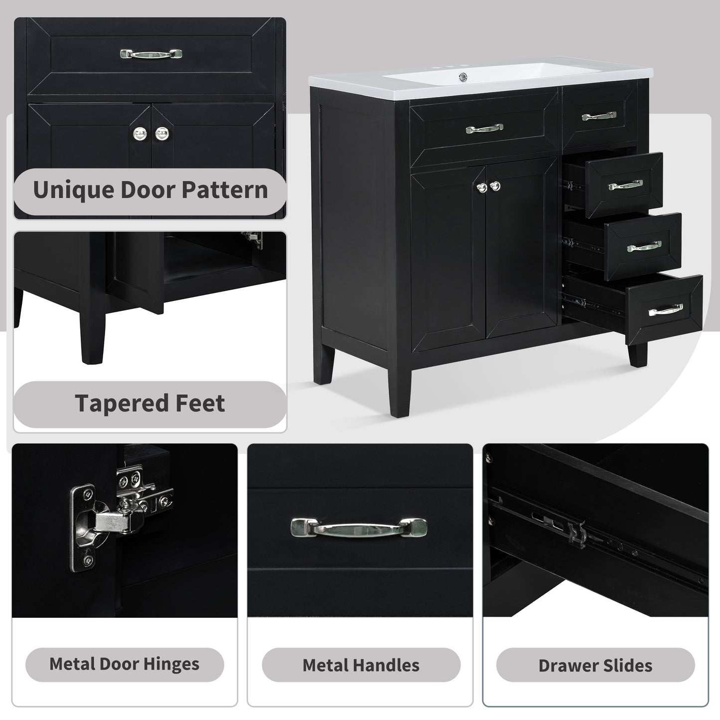 Stylish 36-Inch Black Bathroom Vanity with Integrated Sink, Durable MDF and Solid Wood Construction, Convenient Storage Drawers