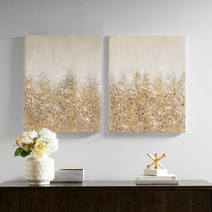 Two-Piece Canvas Wall Art Set with Heavily Embellished Panels, MDF, Glam Living Room Decor, Gold