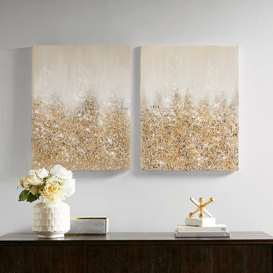 Two-Piece Canvas Wall Art Set with Heavily Embellished Panels, MDF, Glam Living Room Decor, Gold