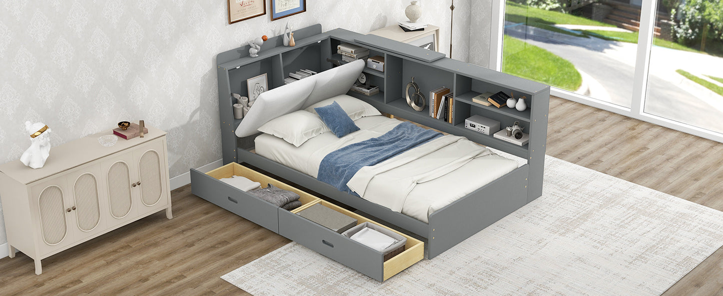 Gray Wood Twin Platform Bed with Storage Headboard, Shelves, and Dual Drawers