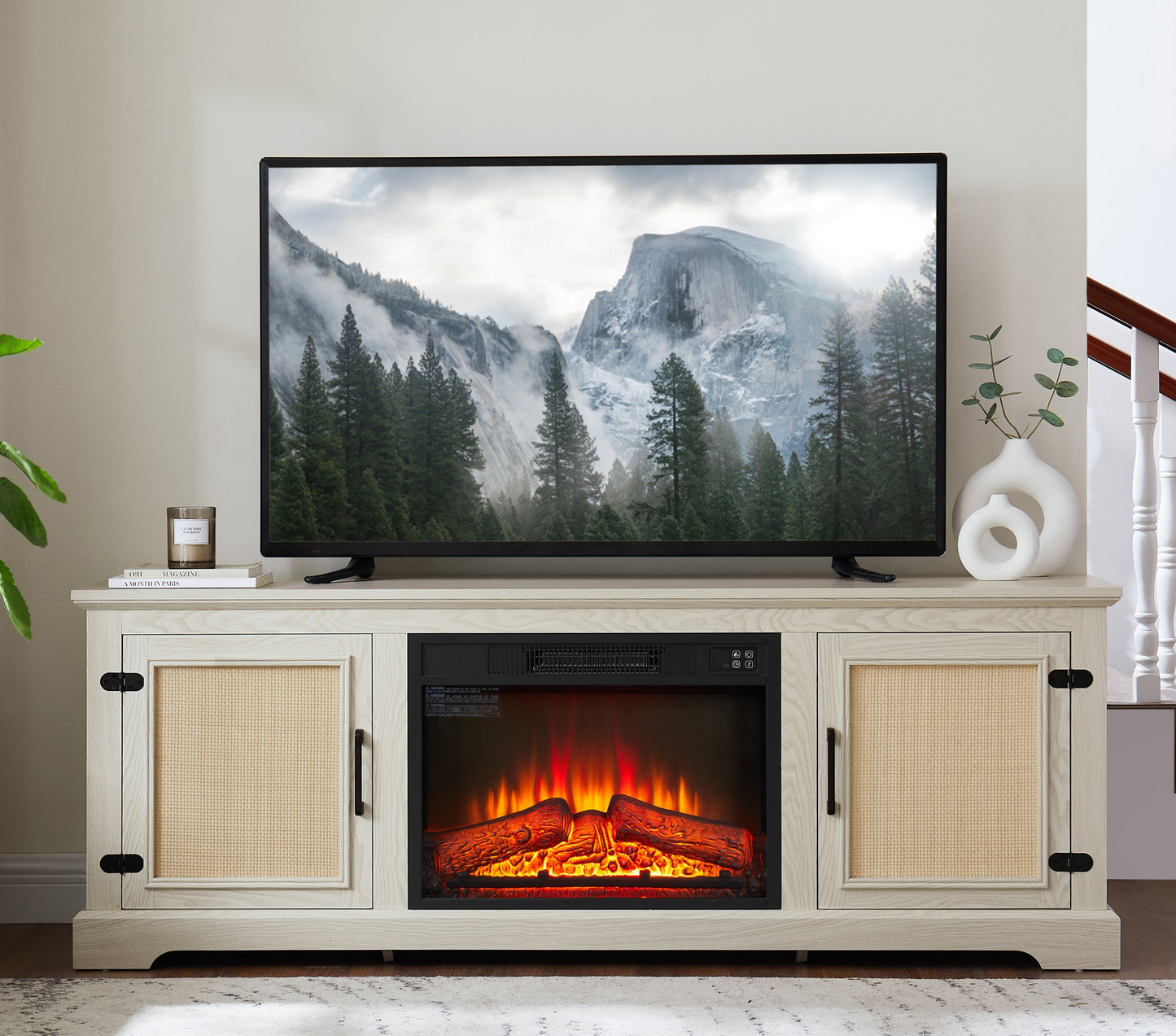 65-Inch Farmhouse Fireplace TV Console with Rattan Doors and Adjustable Shelves, Fits 70-Inch TV, White