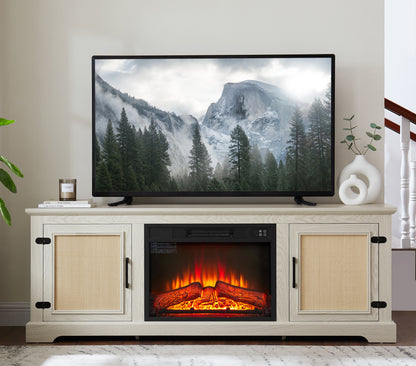 65-Inch Farmhouse Fireplace TV Console with Rattan Doors and Adjustable Shelves, Fits 70-Inch TV, White