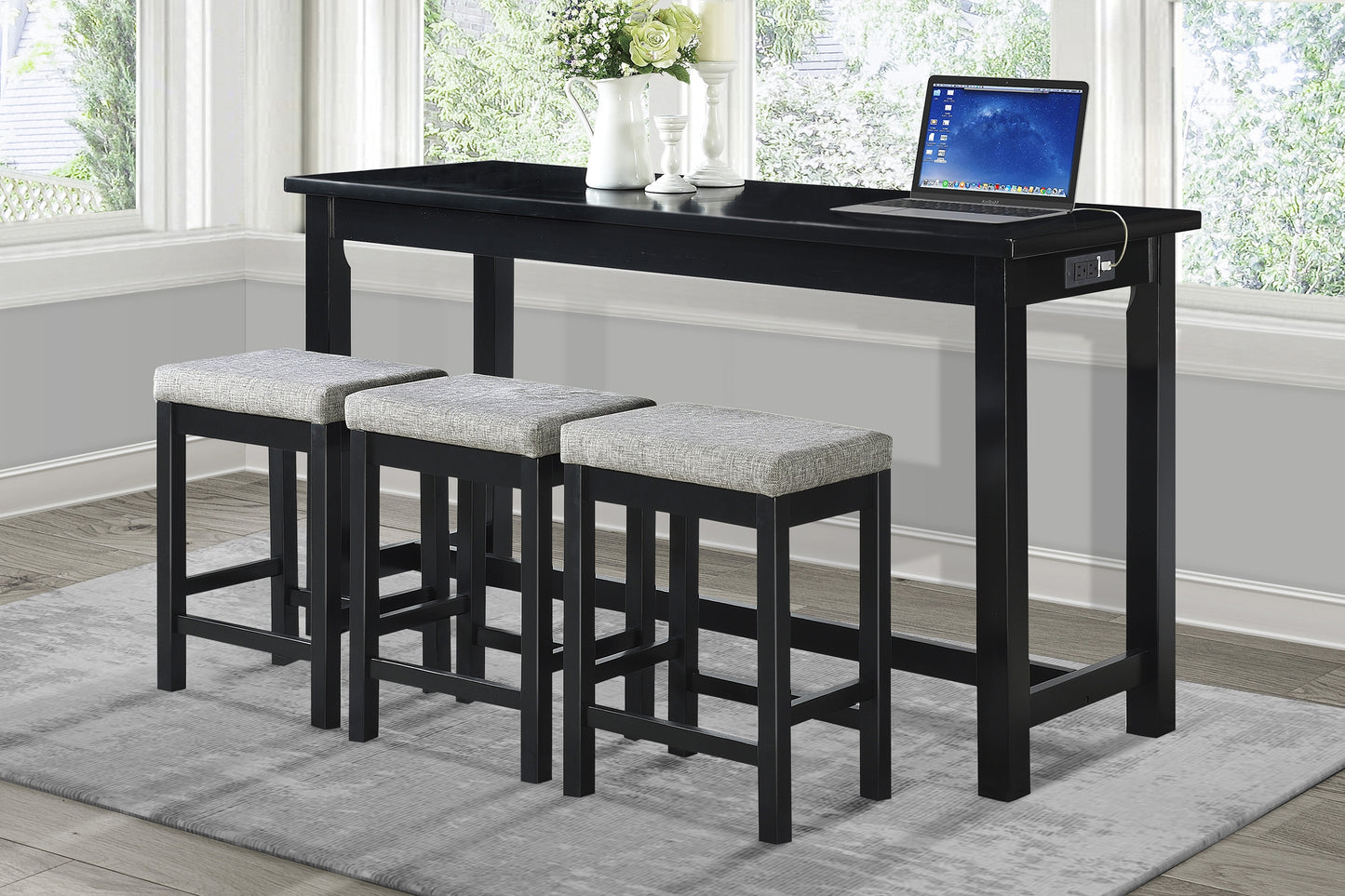 4-Piece Counter Height Dining Set with USB Ports, Drawer, Rect Table & 3 Stools, Durable Wood Black