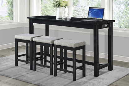 4-Piece Counter Height Dining Set with USB Ports, Drawer, Rect Table & 3 Stools, Durable Wood Black