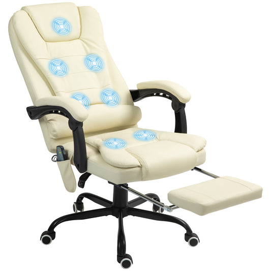 Cream White 7-Point Vibrating Massage Office Chair with Reclining Back and Footrest, Ergonomic Design for Ultimate Comfort
