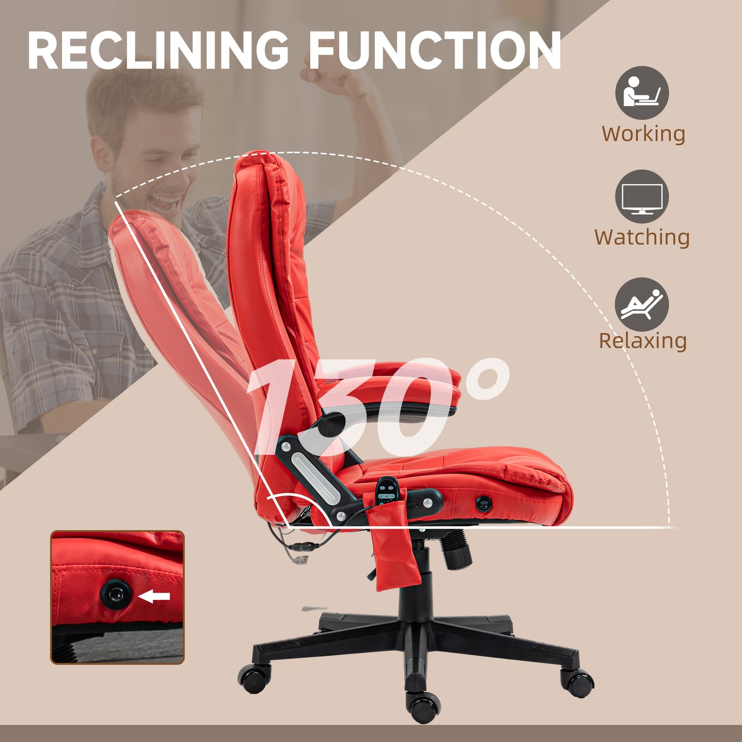 Ergonomic Red Vibration Massage Office Chair with Heated Recline, PU Leather, Remote Control, and Armrests