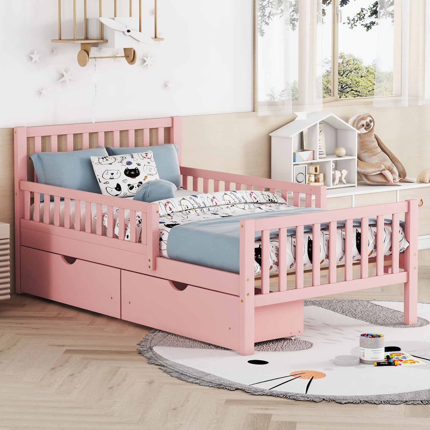 Twin Size Pink Wooden Platform Bed with Safety Guardrails and Dual Storage Drawers
