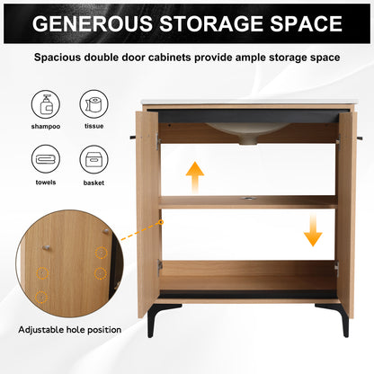 30-Inch Oak Bathroom Vanity Base with Ceramic Basin and Double Door Storage Cabinet