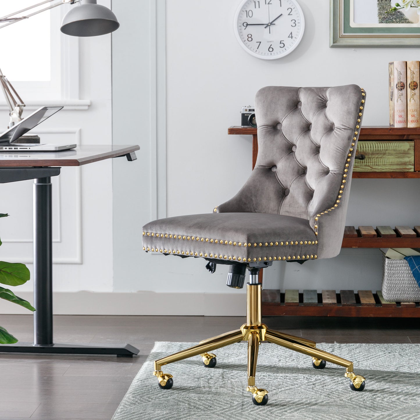 Luxurious Gray Velvet Tufted Home Office Chair with Gold Metal Base, Adjustable Swivel Design