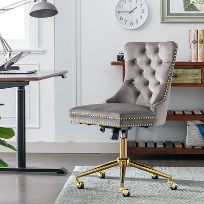 Luxurious Gray Velvet Tufted Home Office Chair with Gold Metal Base, Adjustable Swivel Design