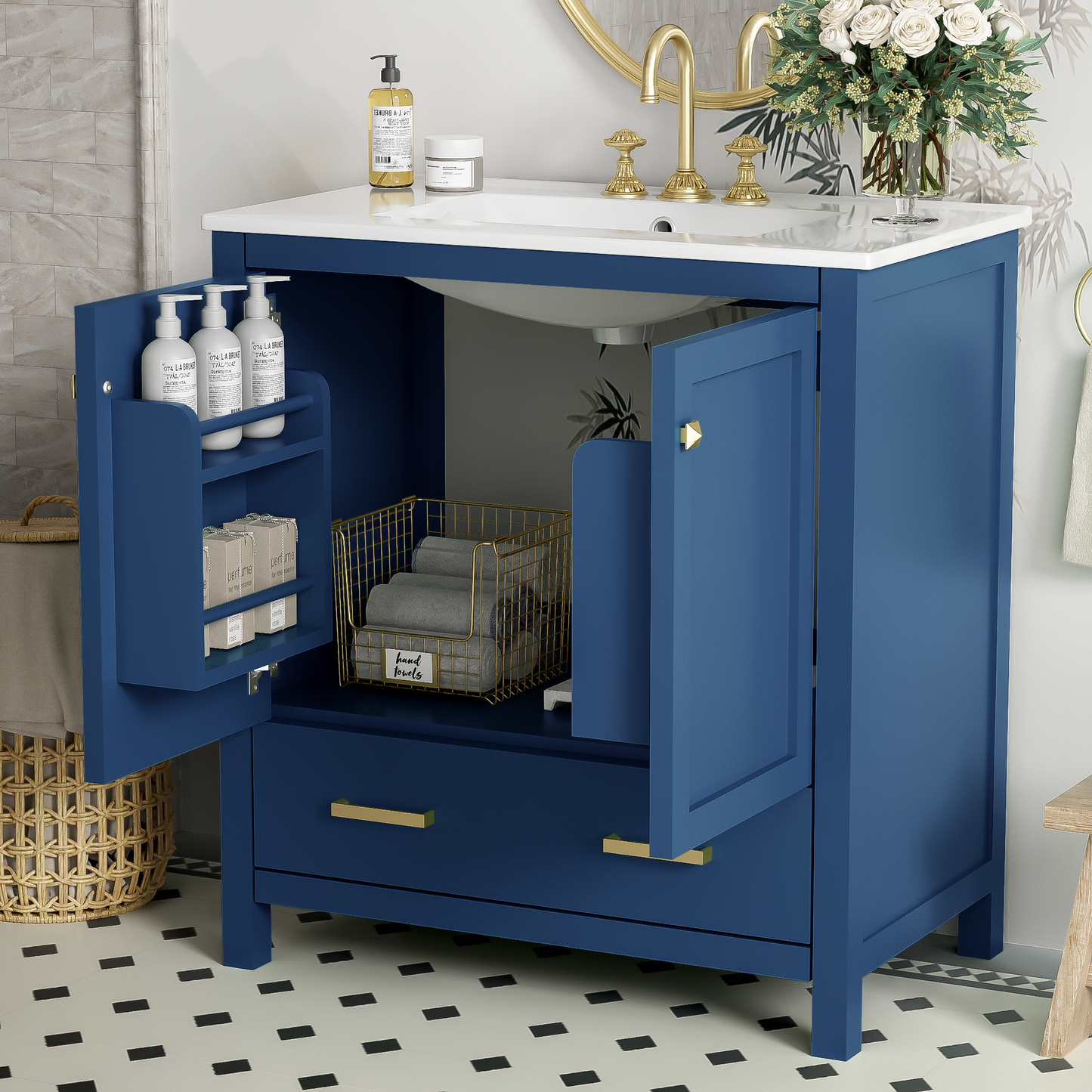 30-Inch Elegant Blue Bathroom Vanity with Ceramic Sink, Stylish Storage Cabinet Featuring Soft-Close Doors and Multifunctional Drawers