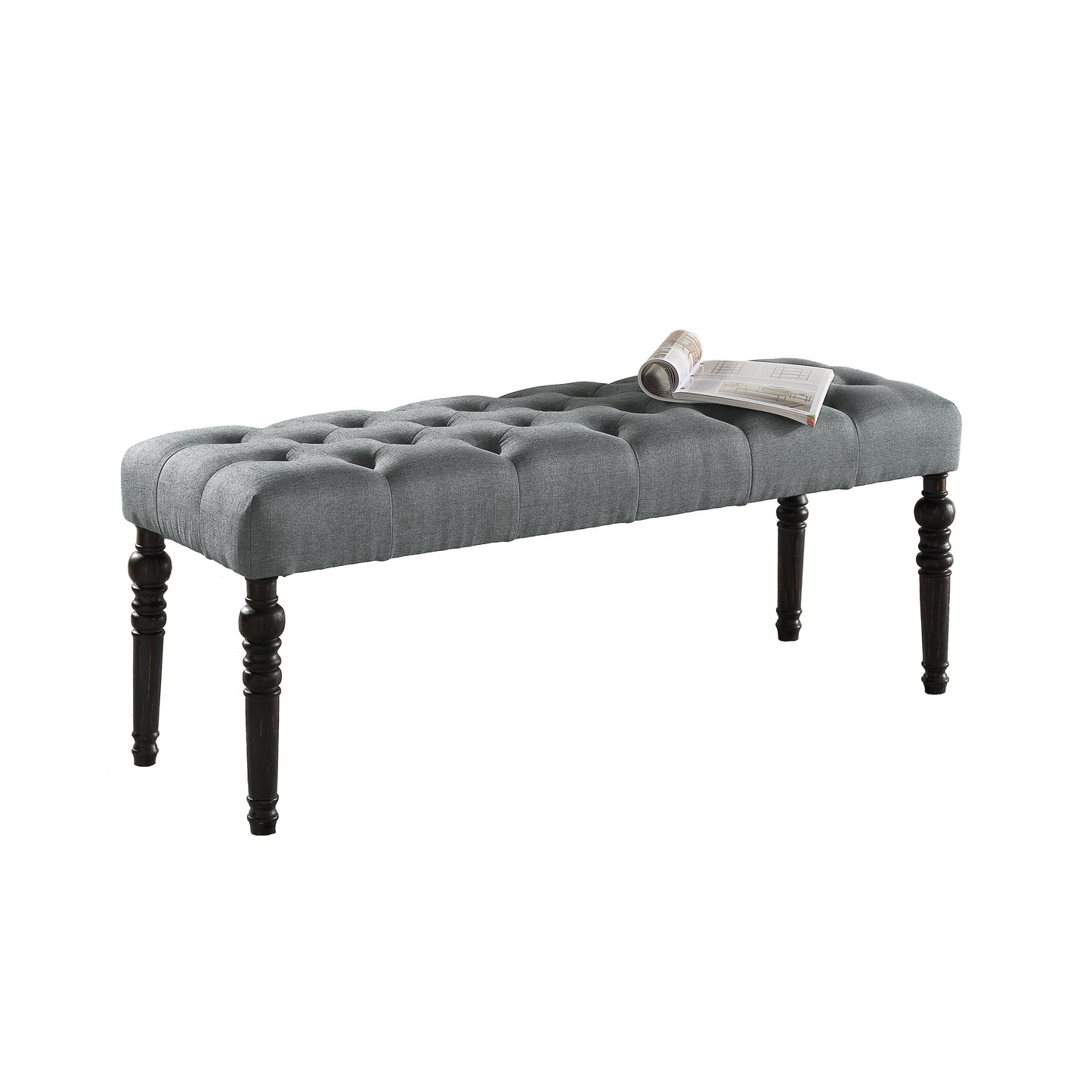 Solid Wood Dining Bench with Turned Legs, Button-Tufted Fabric Seat, 48W x 16D x 19.5H in Gray
