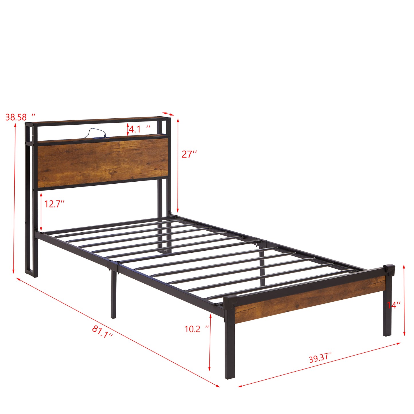 Twin Size Metal Bed Frame with Wooden Headboard, LED Lights, USB Ports, and Ample Under Bed Storage - Easy Assembly, No Box Spring Required