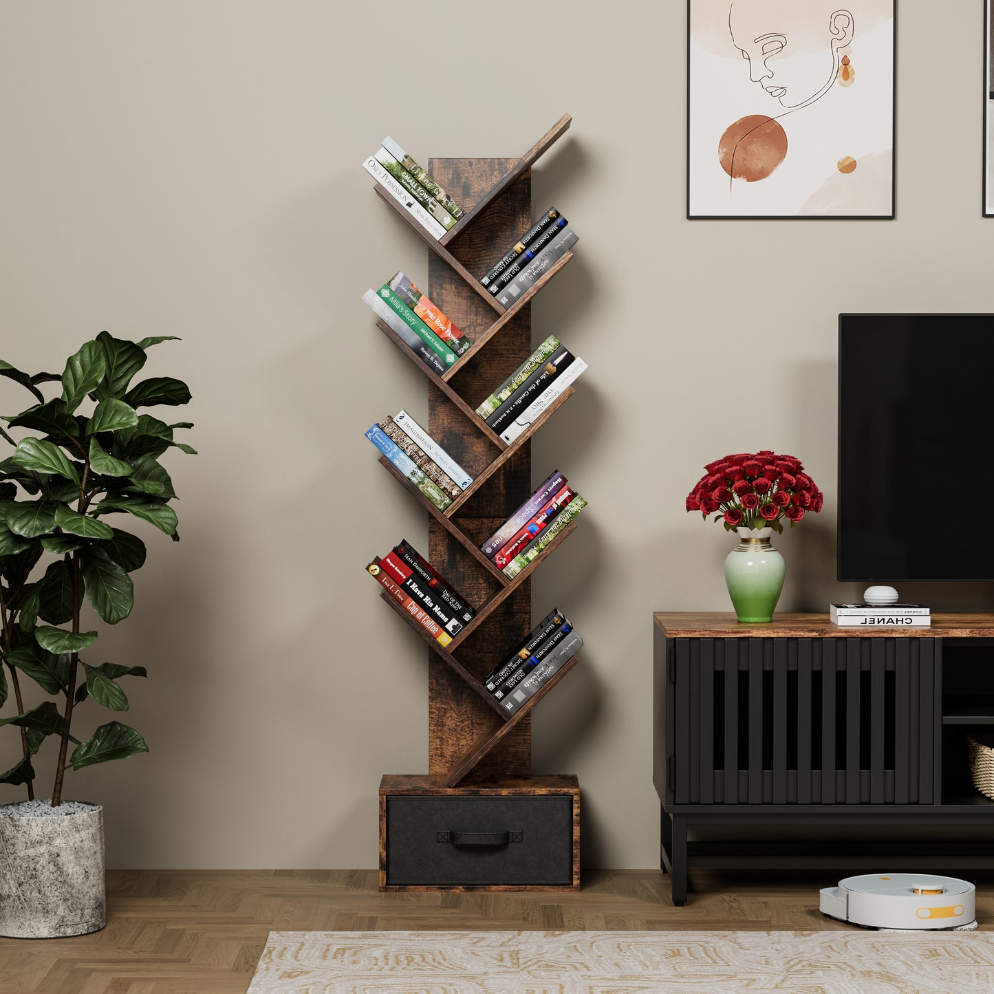 9-Tier Rustic Tree-Shaped Bookshelf with Drawer, Modern Free-Standing Organizer for Home Office and Living Room