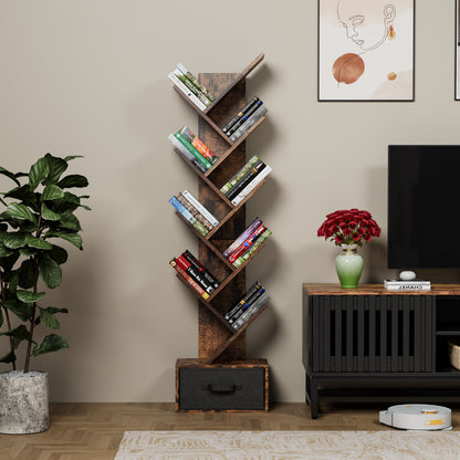 9-Tier Rustic Tree-Shaped Bookshelf with Drawer, Modern Free-Standing Organizer for Home Office and Living Room
