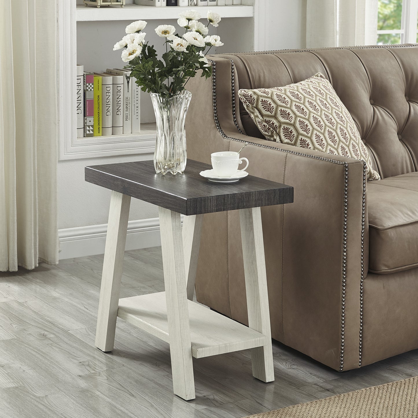 Contemporary Two-Tone Wood Side Table with Shelf, 23.5in L x 14in W x 22in H Weathered Charcoal and Beige