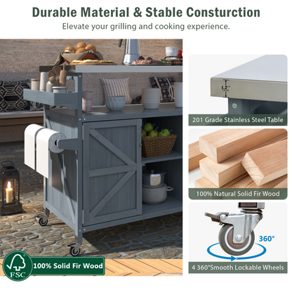 Rolling Outdoor Kitchen Island with Stainless Steel Top, Grey Blue Fir Wood Bar Cart & Storage Cabinet for BBQ and Garden Parties