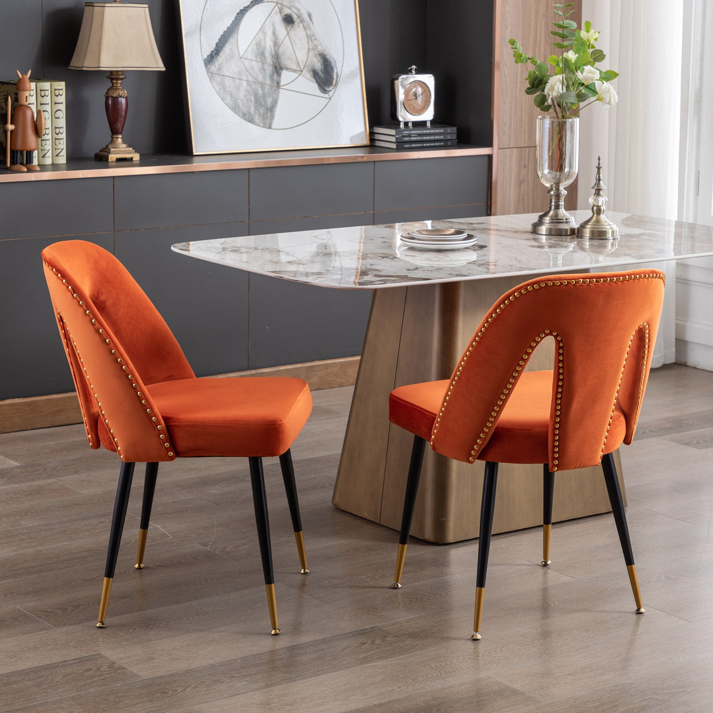 Set of 2 Velvet Upholstered Dining Chairs with Nailhead Trim and Gold-Tipped Black Metal Legs, Orange