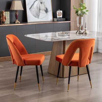 Set of 2 Velvet Upholstered Dining Chairs with Nailhead Trim and Gold-Tipped Black Metal Legs, Orange