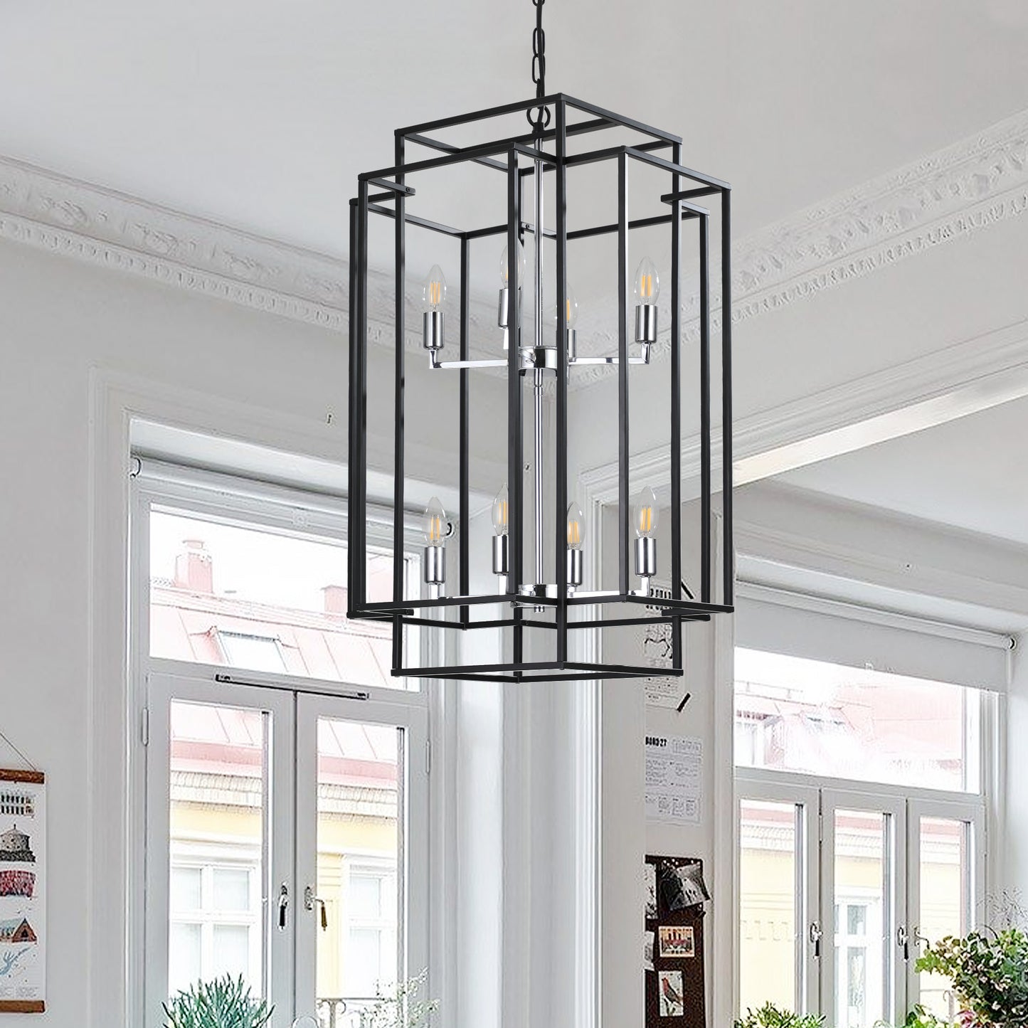 8-Light Lantern Pendant Light Industrial Farmhouse Chandelier for Entryway, Kitchen Island Black & Silver