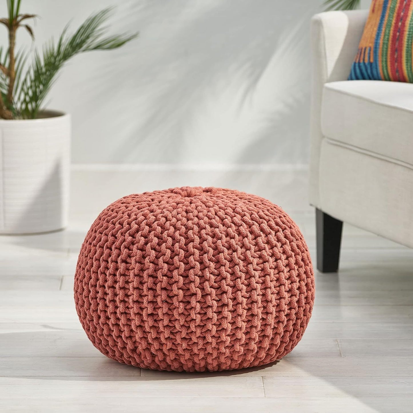 20-Inch Round Cotton Pouf – Knit-Woven Cover, Modern Floor Seat for Living Room or Bedroom, Lightweight, Easy-Clean, No Assembly Coral