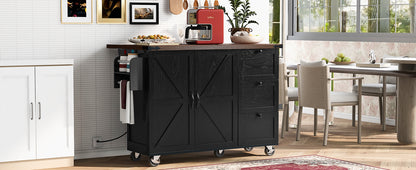 54.5" Rustic Farmhouse Kitchen Island with Power Outlet, Internal Storage, Drop Leaf, and Rolling Wheels for Home and Dining Room - Black