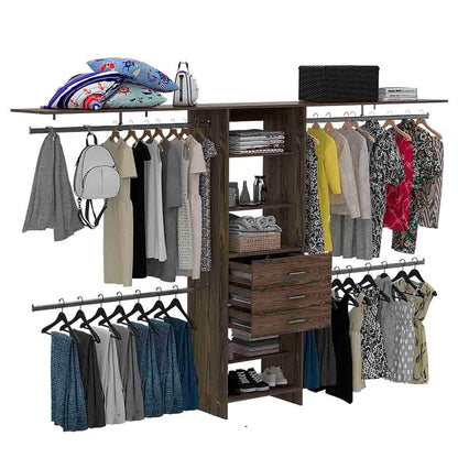 Plego Adjustable Drawers Closet System with Five Shelves and Four Hanging Rods - Dark Walnut Finish