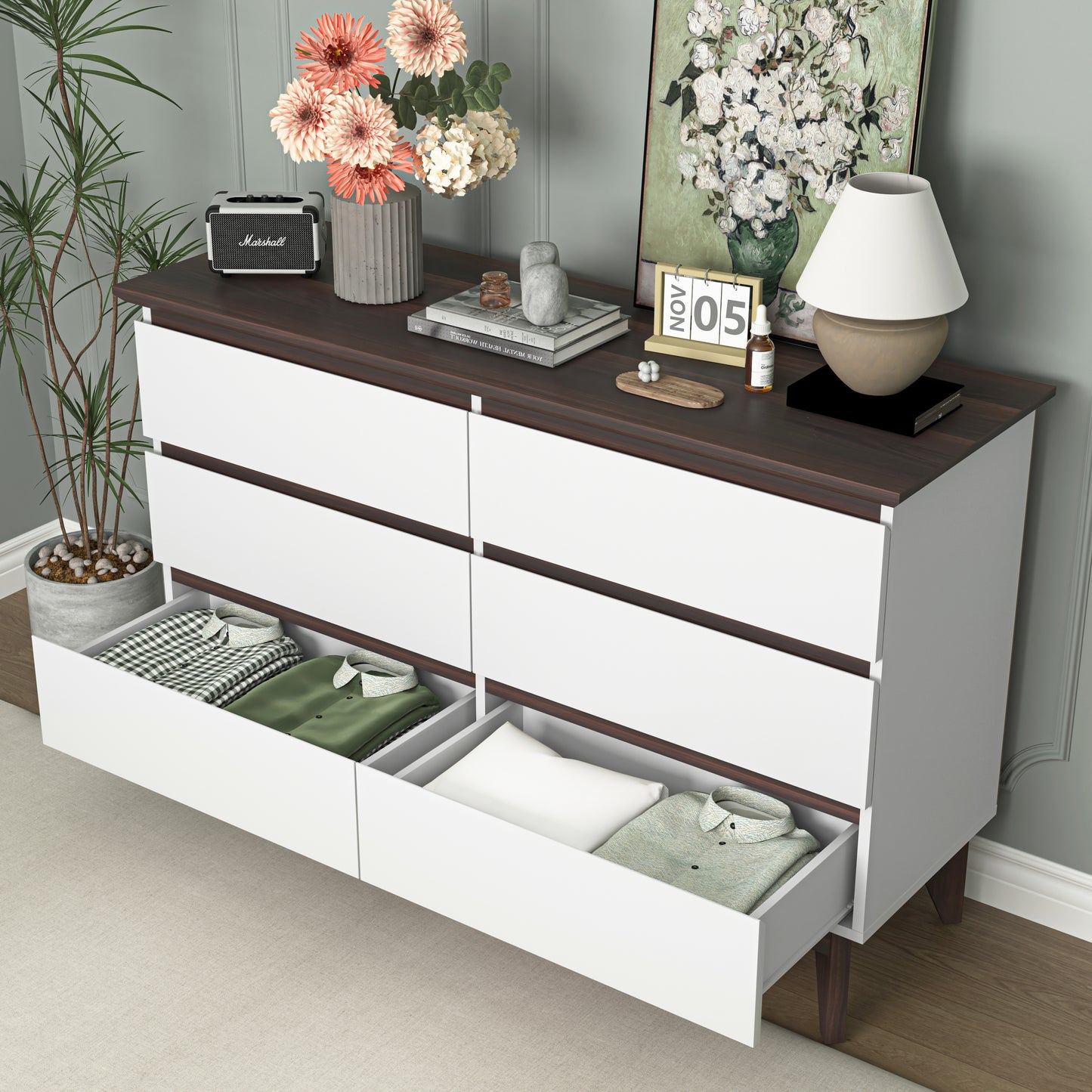 Modern 6-Drawer White Dresser for Bedroom and Living Room, Multi-Functional Storage Chest with Spacious Drawers, 47.2'' W x 15.74'' D x 30.7'' H