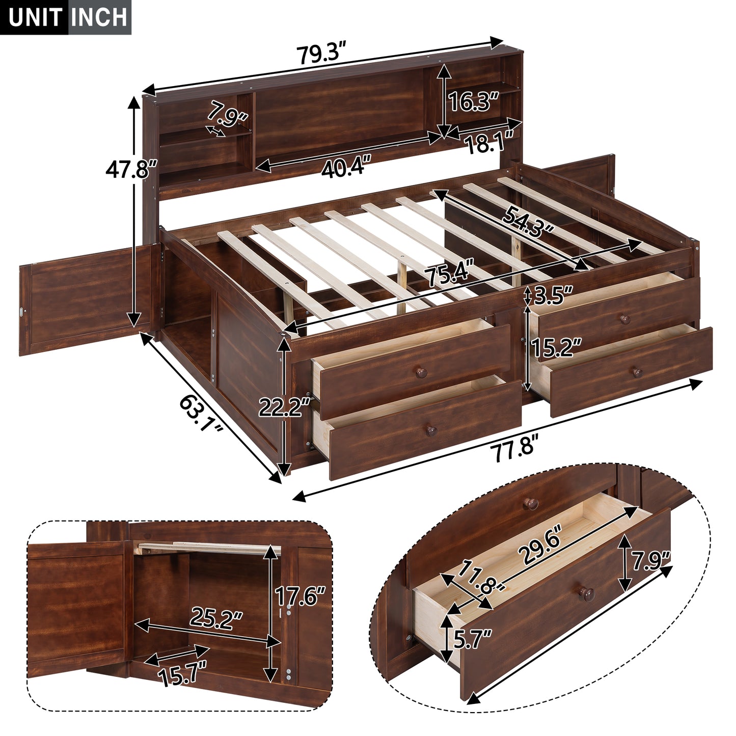 Elegant Antique Brown Full Size Wooden Captain Bed with Ample Storage and Built-in Shelves