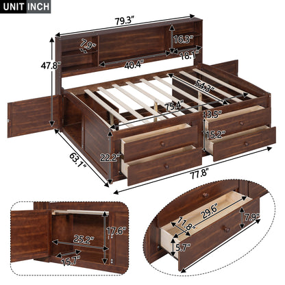 Elegant Antique Brown Full Size Wooden Captain Bed with Ample Storage and Built-in Shelves