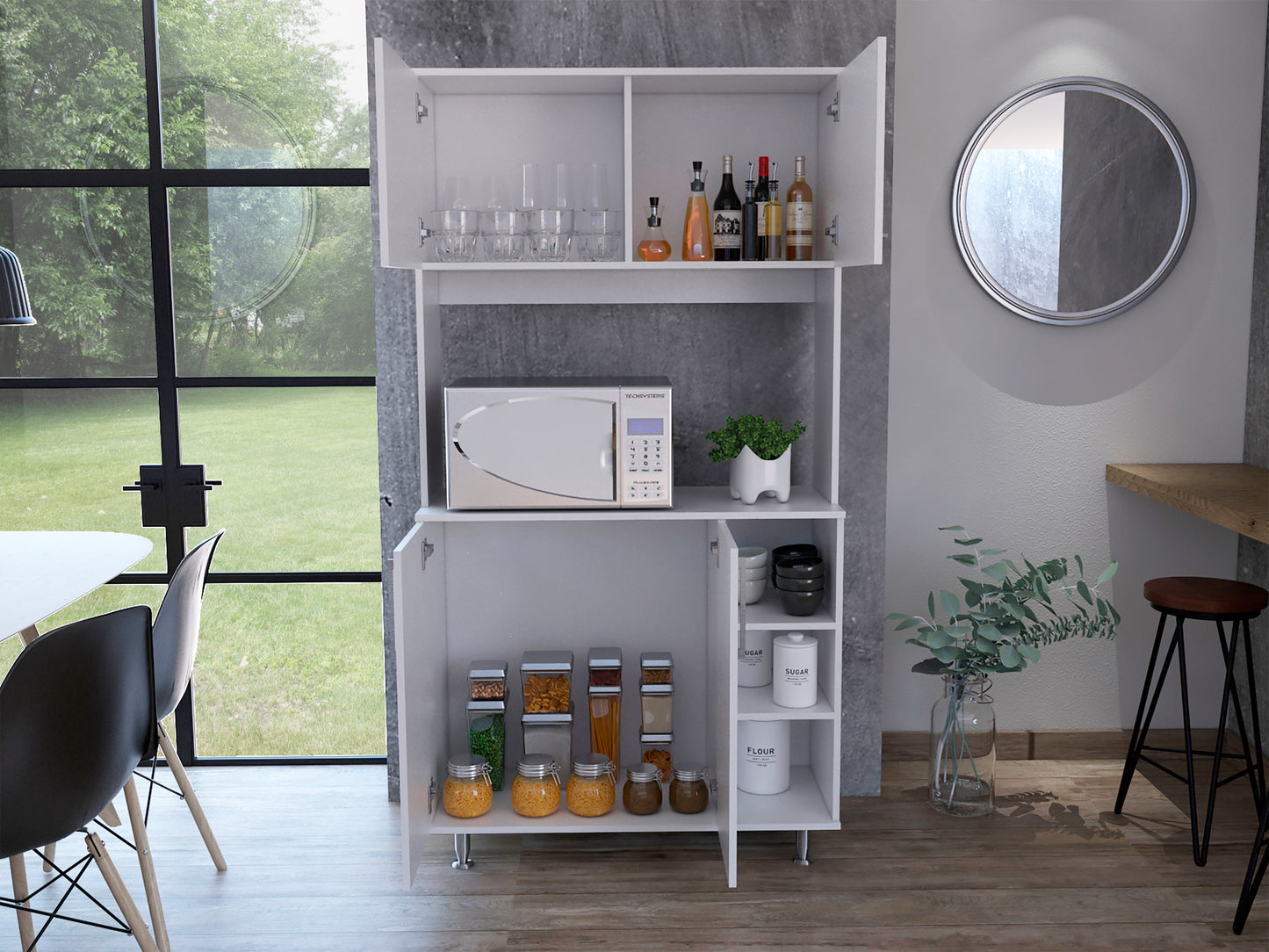 Modern White Freestanding Double Door Pantry Cabinet with Adjustable Legs and Open Shelving