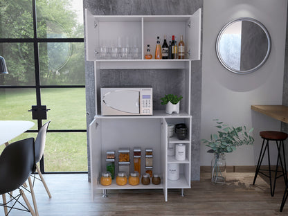 Modern White Freestanding Double Door Pantry Cabinet with Adjustable Legs and Open Shelving