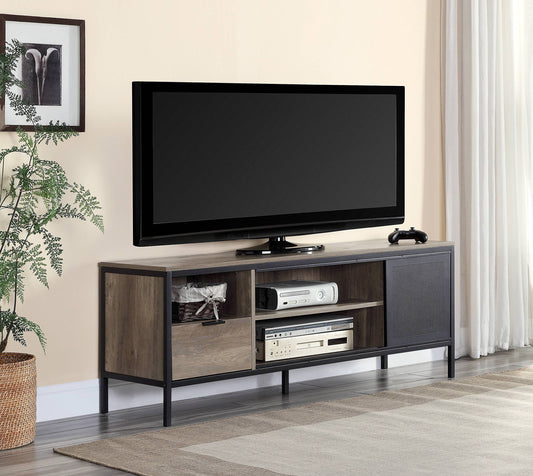TV Stand Metal Frame, Supports 50-Inch TVs, 1 Drawer, Storage Compartments, Rustic Oak & Black Finish