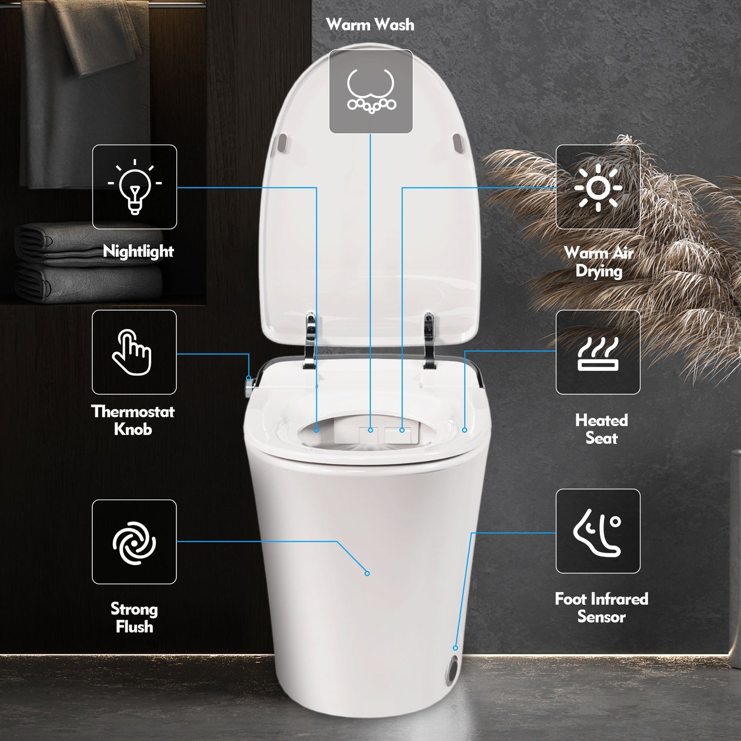 Ultimate Luxury Bidet Toilet with Warm Water Dryer, Heated Seat, Remote Control, LED Night Light, and Smart Flushing Technology