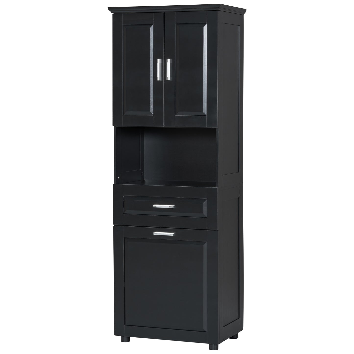 Stylish Tall Black Bathroom Storage Cabinet with Removable Laundry Basket and Ample Organizing Space