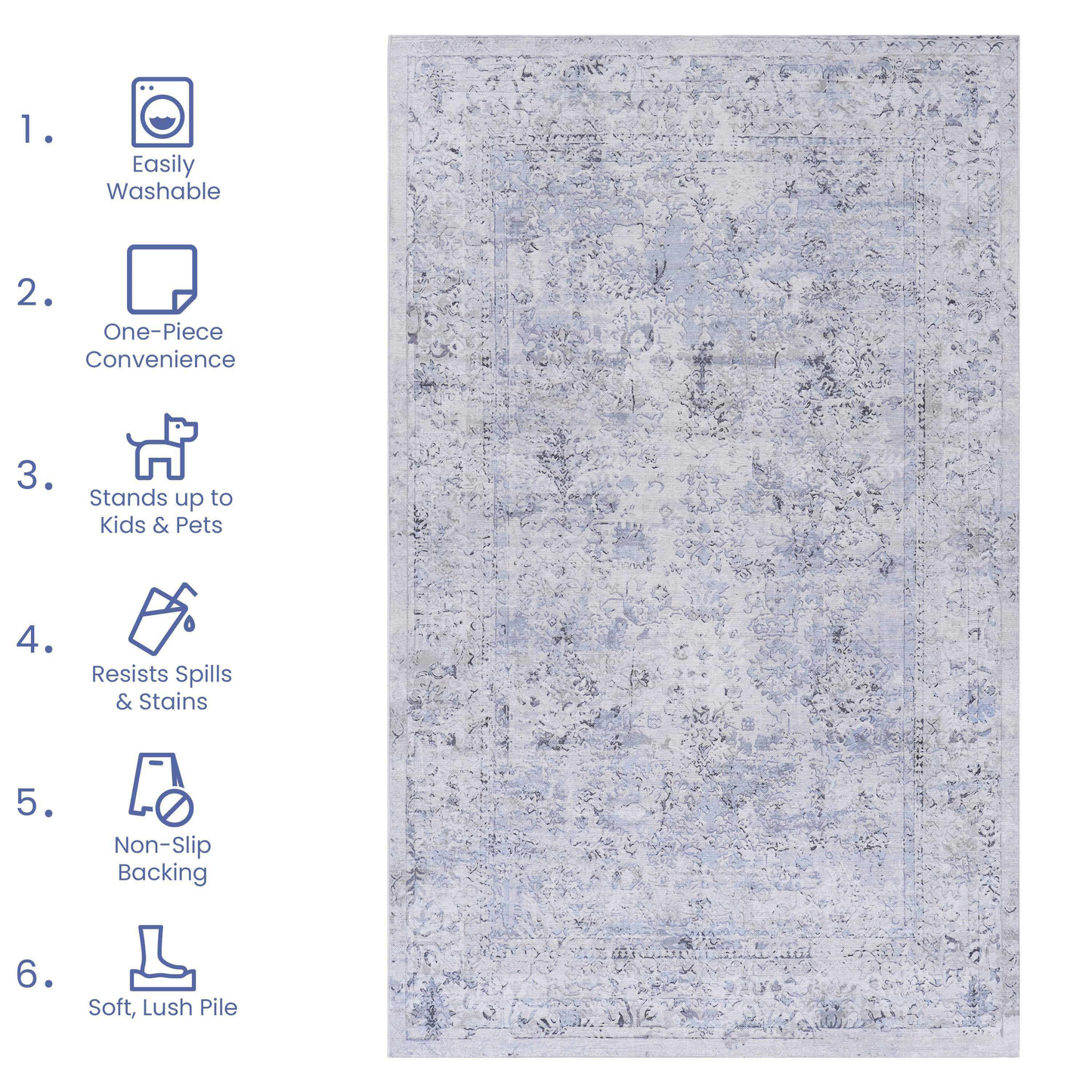 5x8 Machine-Washable Area Rug - Low-Pile, Non-Slip, Kid & Pet Friendly, Living & Dining Blue+Cream