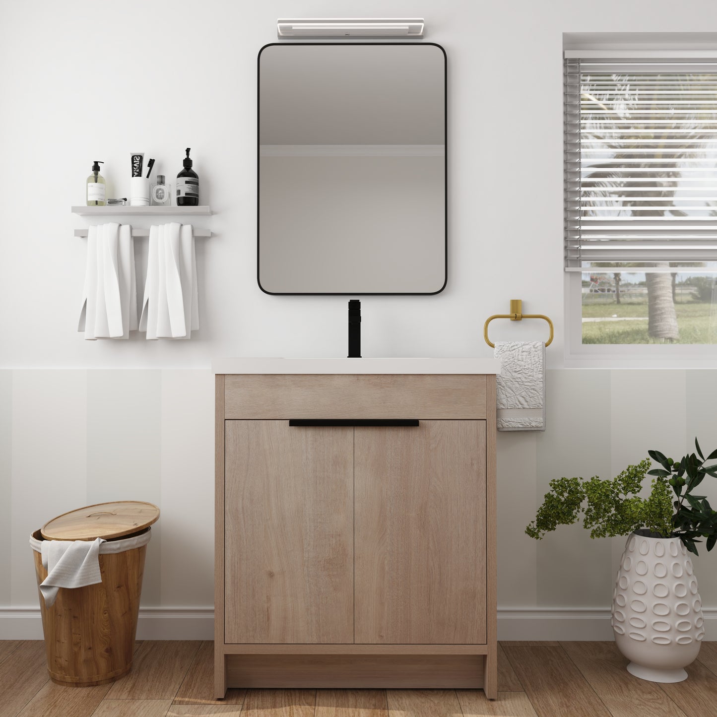 30-Inch Light Oak Freestanding Bathroom Cabinet with Soft-Close Doors & Integrated Resin Sink