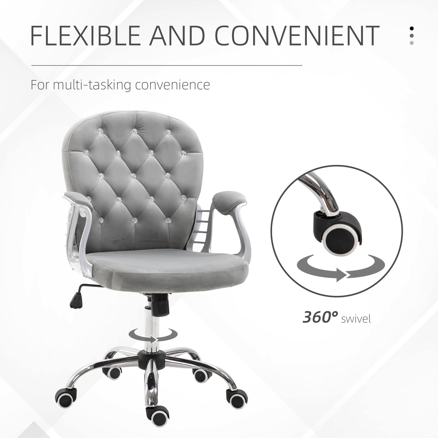 Elegant Gray Velvet Adjustable Office Chair with Swivel Wheels and Padded Armrests