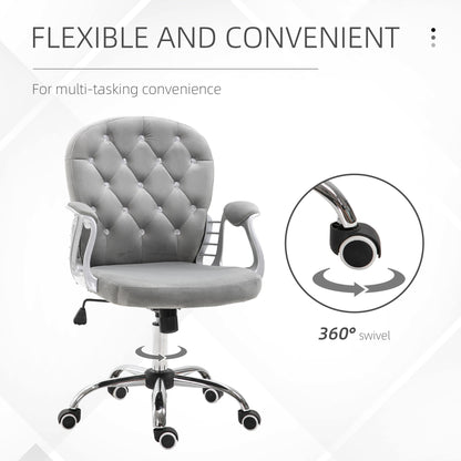 Elegant Gray Velvet Adjustable Office Chair with Swivel Wheels and Padded Armrests