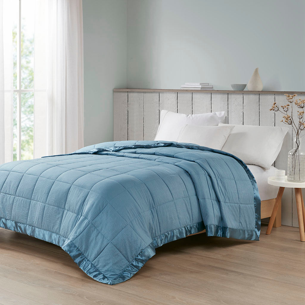 Oversized Down-Alternative Blanket with Satin Trim, Full/Queen 90x96, Polyester, Hypoallergenic, Slate Blue