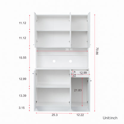 Elegant 70.87" Tall White Wardrobe & Kitchen Cabinet with 6 Doors, 1 Drawer, and Open Shelves for Stylish Storage