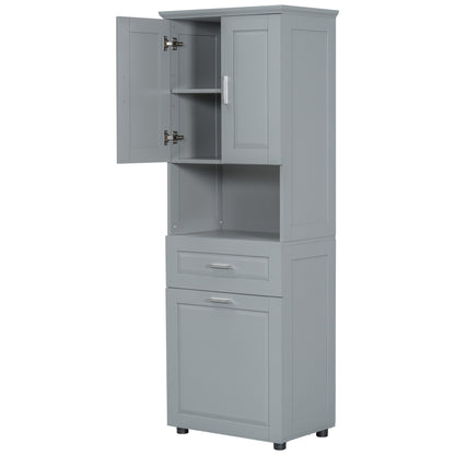 Tall Grey Storage Cabinet with Removable Laundry Hamper, Multi-Functional Upper Shelves and Cabinet Doors