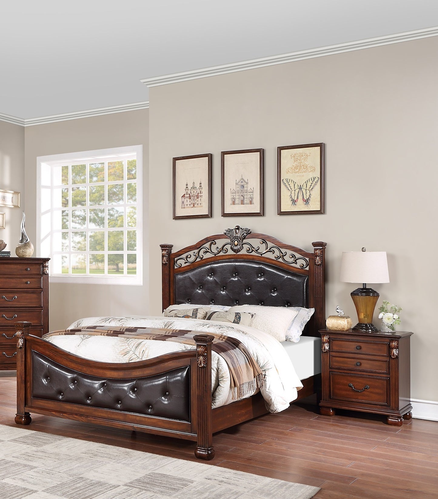 Elegant Dark Cherry Queen Size Bed with Tufted Faux Leather Headboard and Footboard