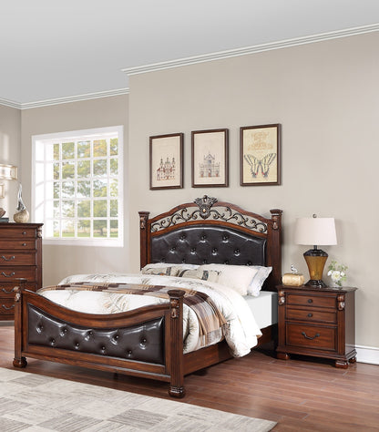 Elegant Dark Cherry Queen Size Bed with Tufted Faux Leather Headboard and Footboard