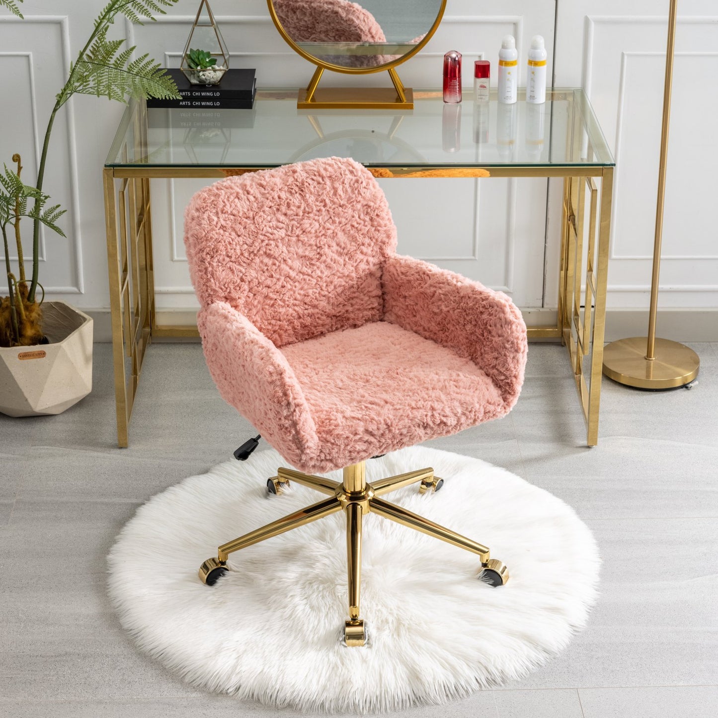 Elegant Pink Upholstered Office Chair with Golden Base - Adjustable Swivel Vanity Chair with Rabbit Fur Cushion