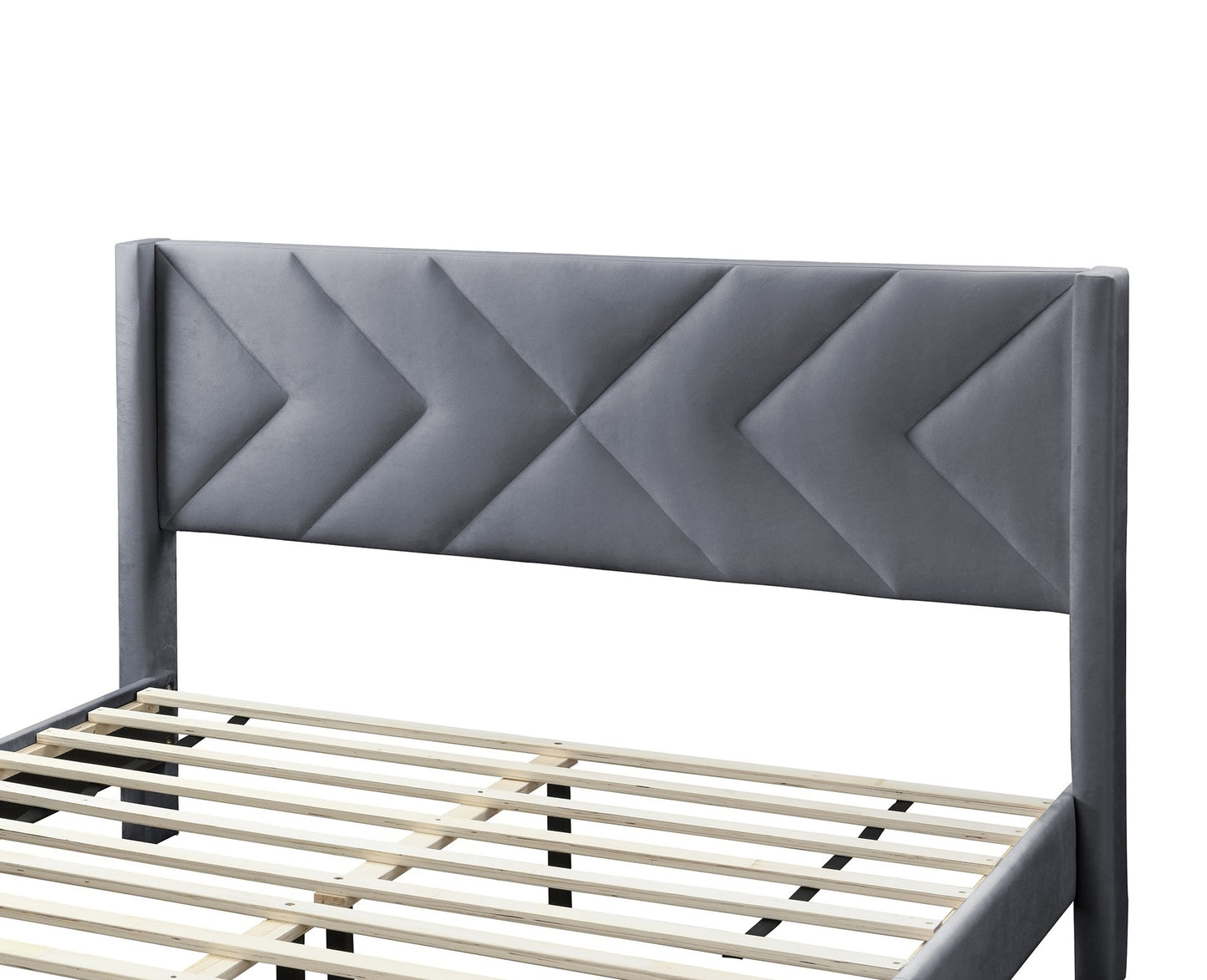 Stylish Gray Velvet Queen Bed Frame with Geometric Headboard – Modern Upholstered Design