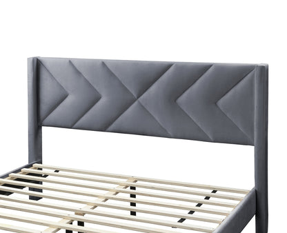 Stylish Gray Velvet Queen Bed Frame with Geometric Headboard – Modern Upholstered Design