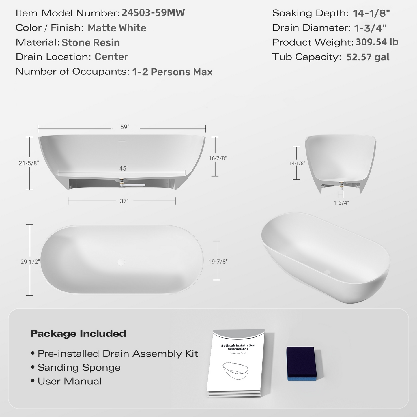 Luxury 59" Freestanding Solid Surface Soaking Bathtub with Overflow and Pop-up Drain in Matte White for Contemporary Bathrooms