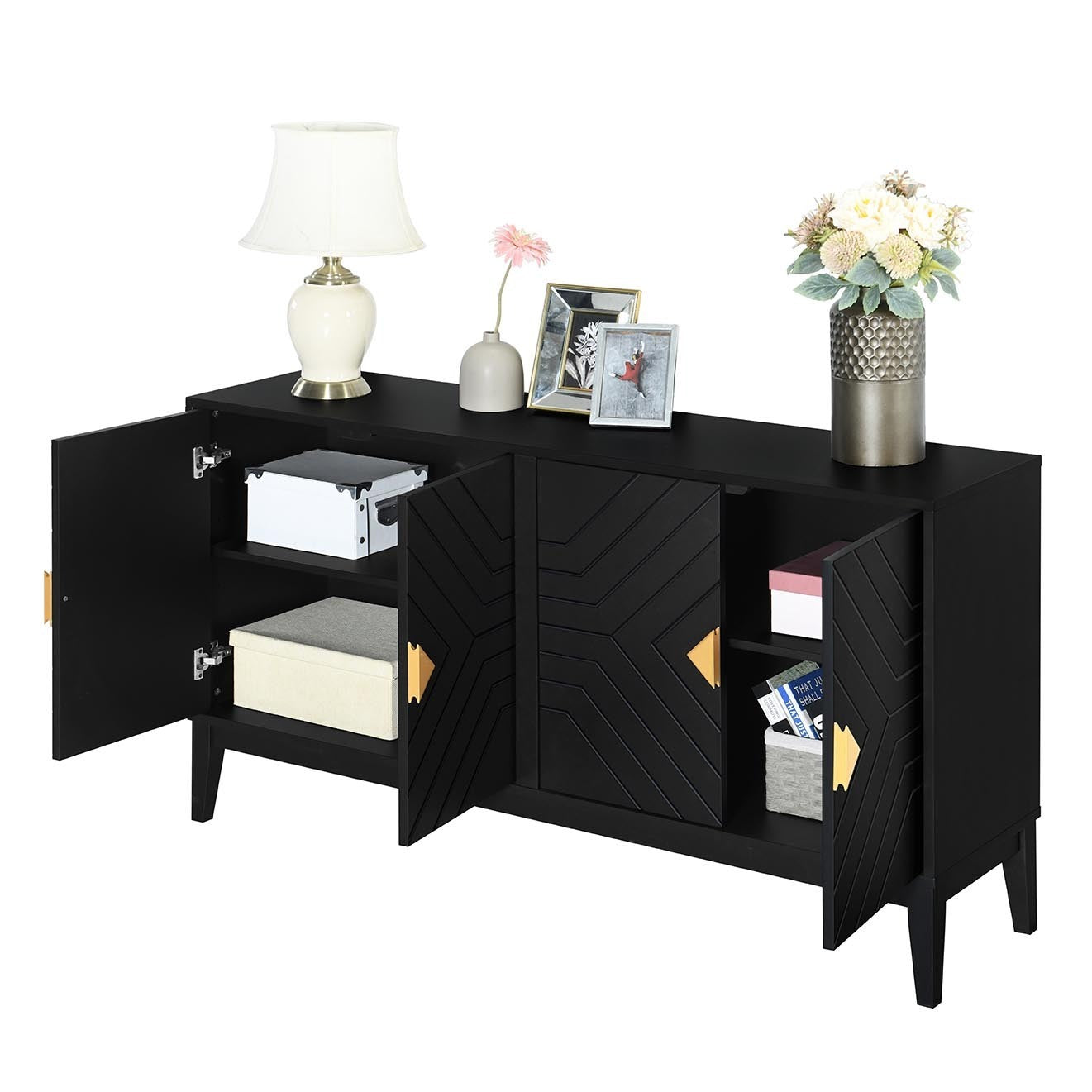 4-Door Sideboard Storage Cabinet for Living Room and Dining Room, Two Large Cabinets with Gold Handles and Adjustable Shelf, Black